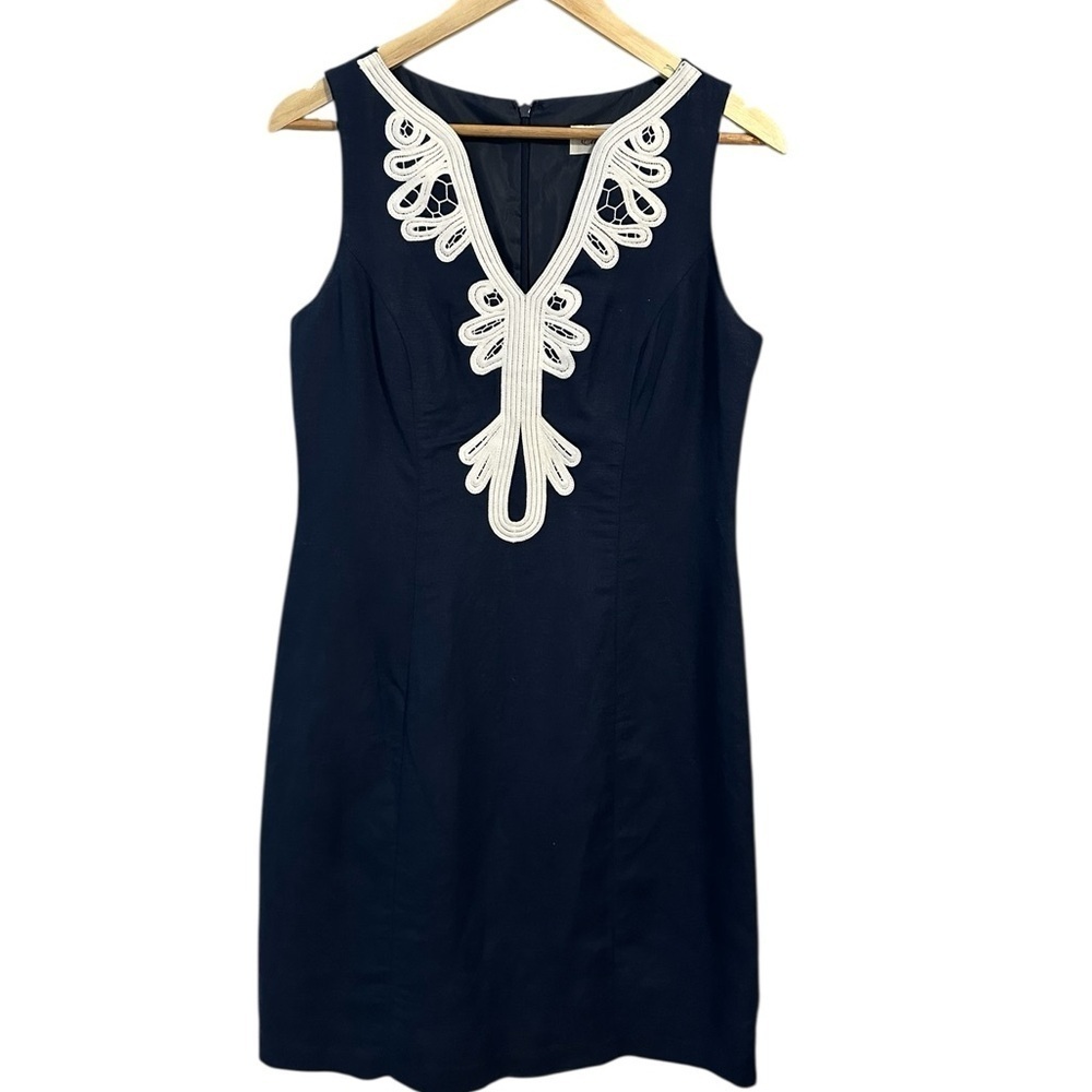 Eliza J Elegant Linen Navy Blue Sheath Dress with White Embroidery Neckline SZ 6